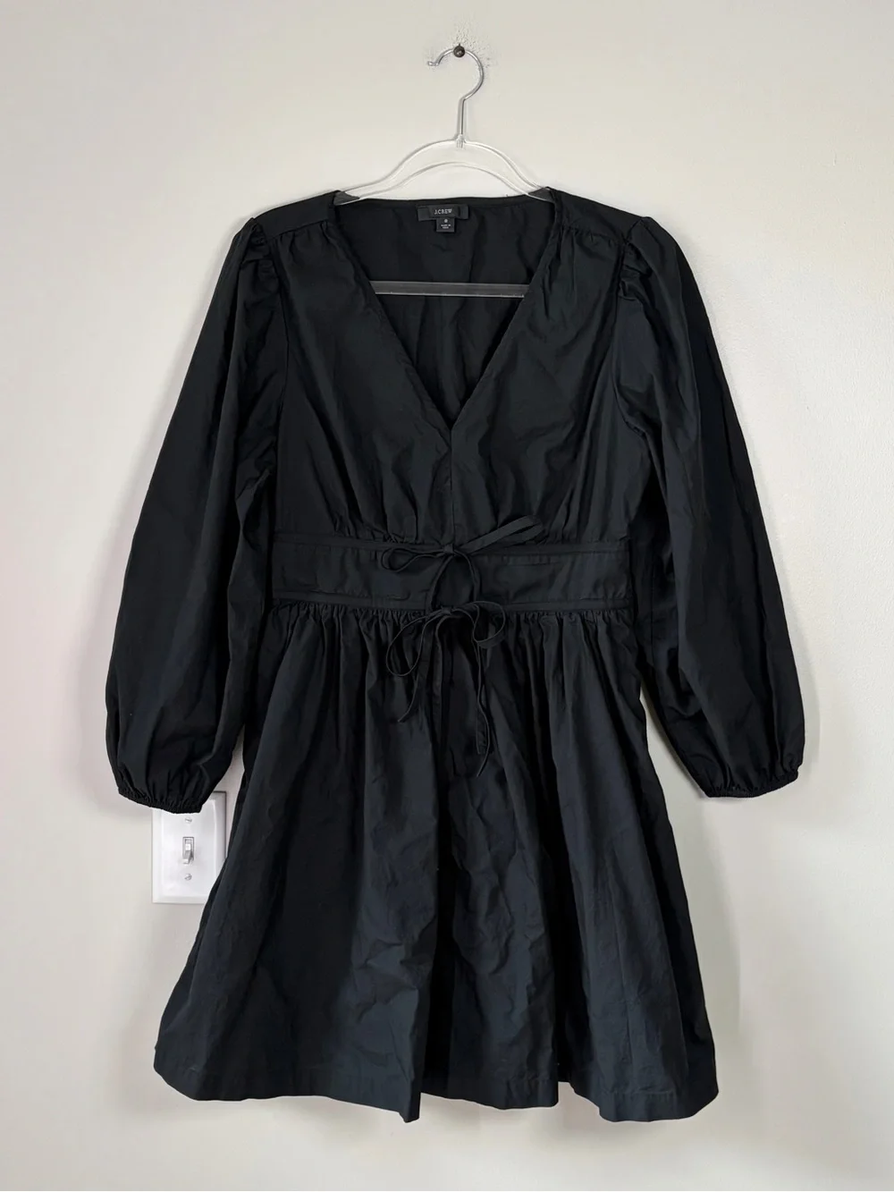 J. Crew Black V-Neck Cotton Poplin Mini Dress Cottagecore Prarie Farmhouse